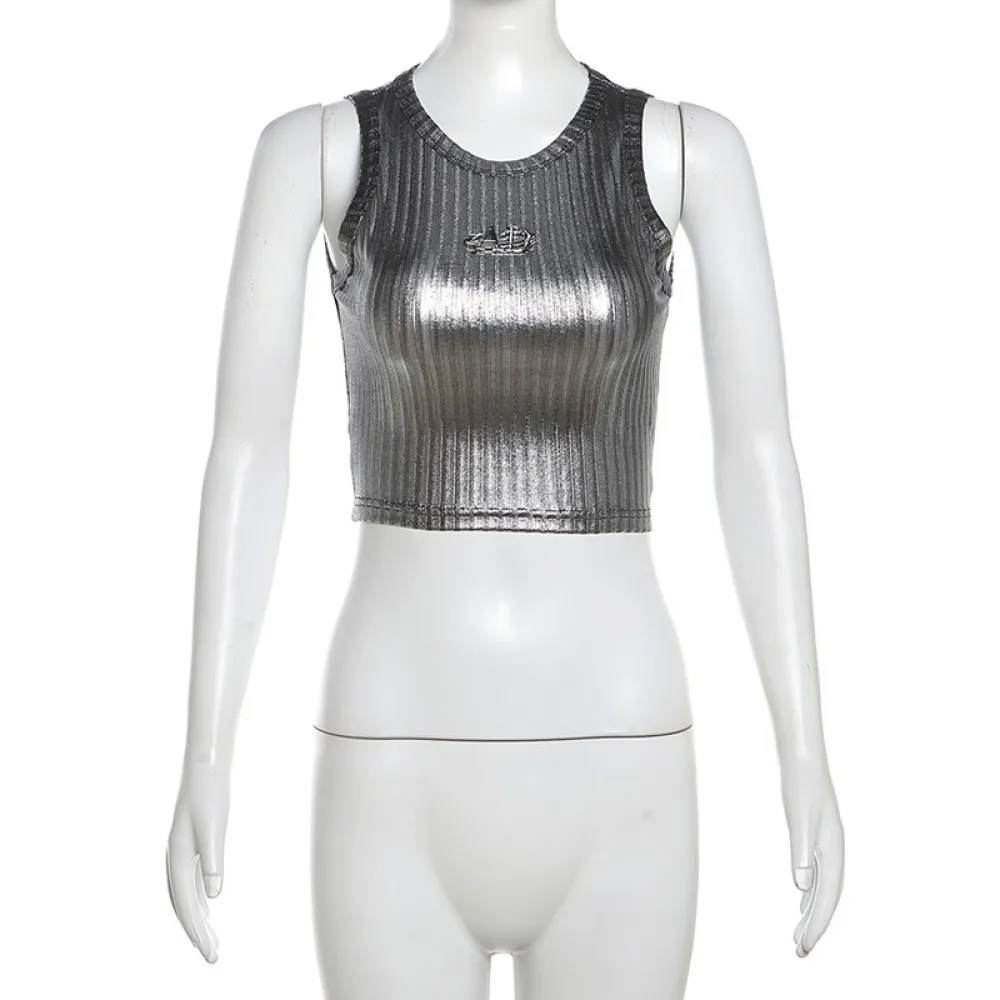 SylCue 하이 스트리트 크롭 탑 여성 여름 트렌드 반짝 이는 o 넥 민소매 스키니 스트레치 힙합 스타일 클래식 패션 의상