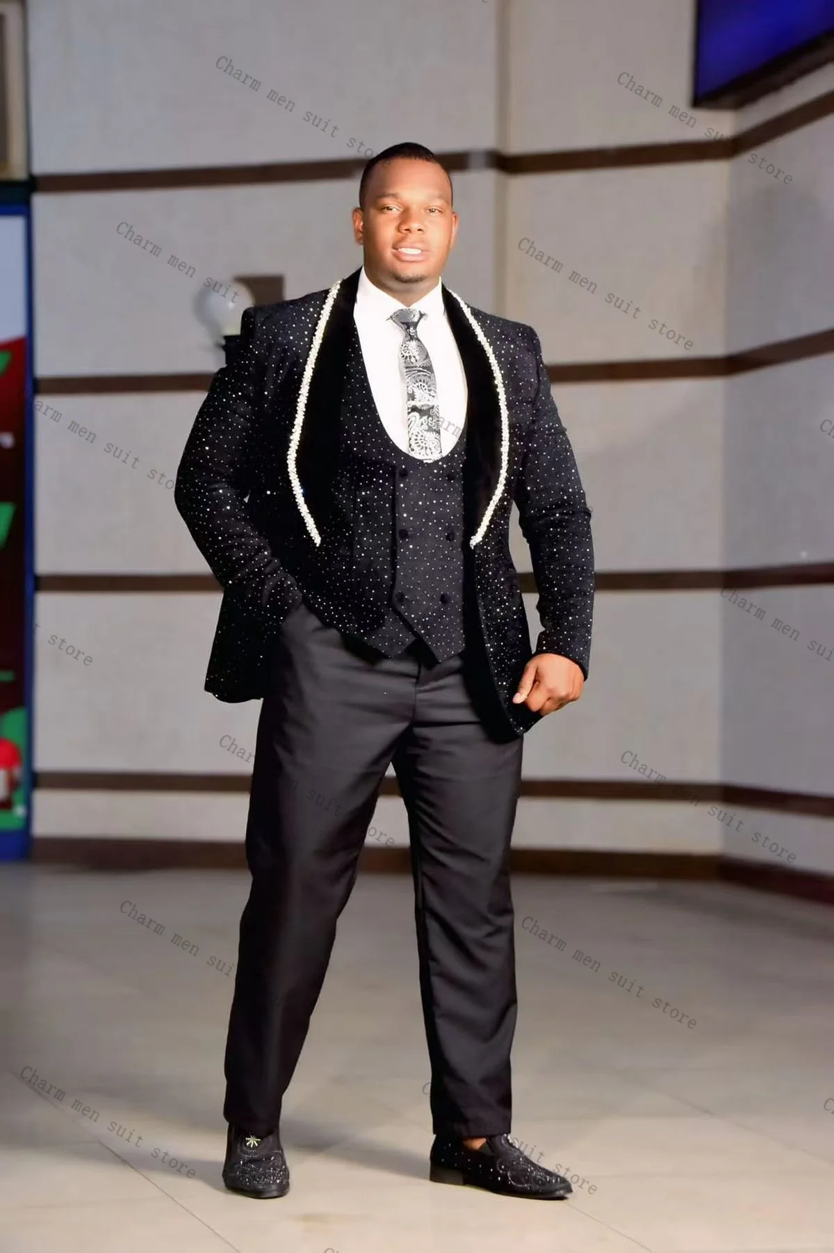 

Crystals Black Men Suits Set 3 Pcs Blazer+Vest+Pants Trousers Wedding Tuxedos Cotton Formal Office Customized Prom Jacket Coat