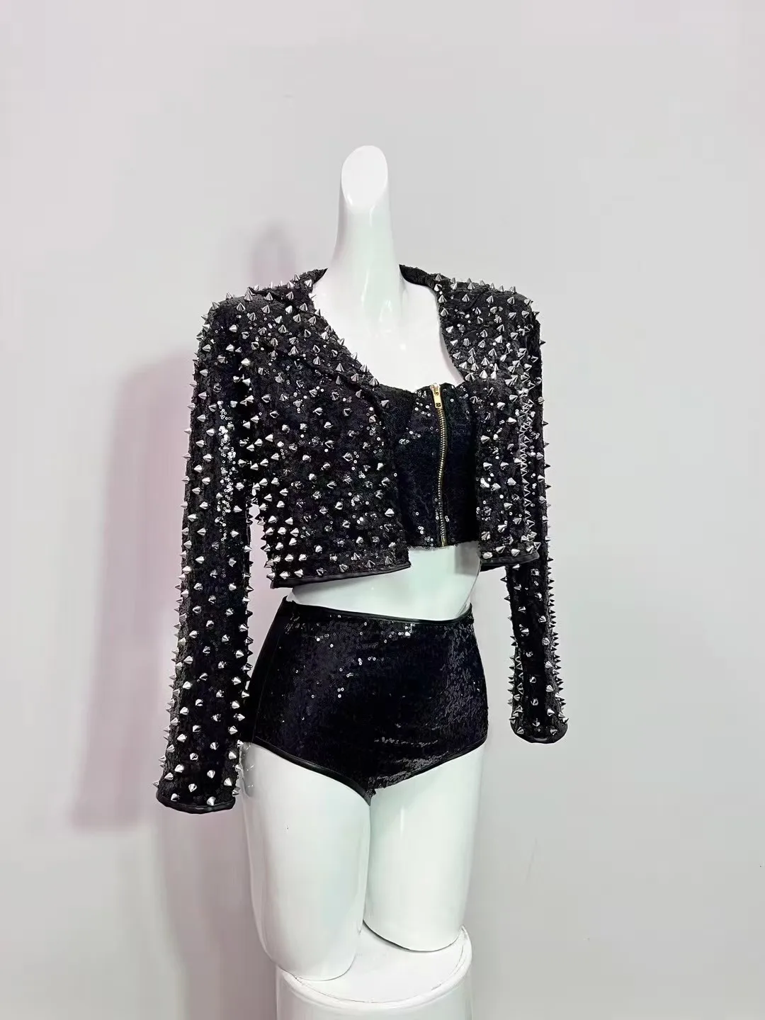 الرجعية الذهب الأحمر الأسود برشام روك المعادن بريق الترتر سترة مجموعة البكيني فريق الرقص GOGO المغني مرحلة حفلة الهذيان الأداء فستان