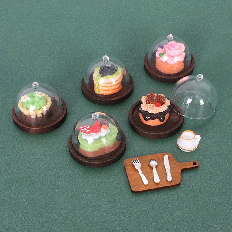 8Pcs/set 1:6/1:12 Dollhouse Coffee Miniature Cake Wooden Tray With Cover Dessert Display Rack Kitchen Model Decor Toy