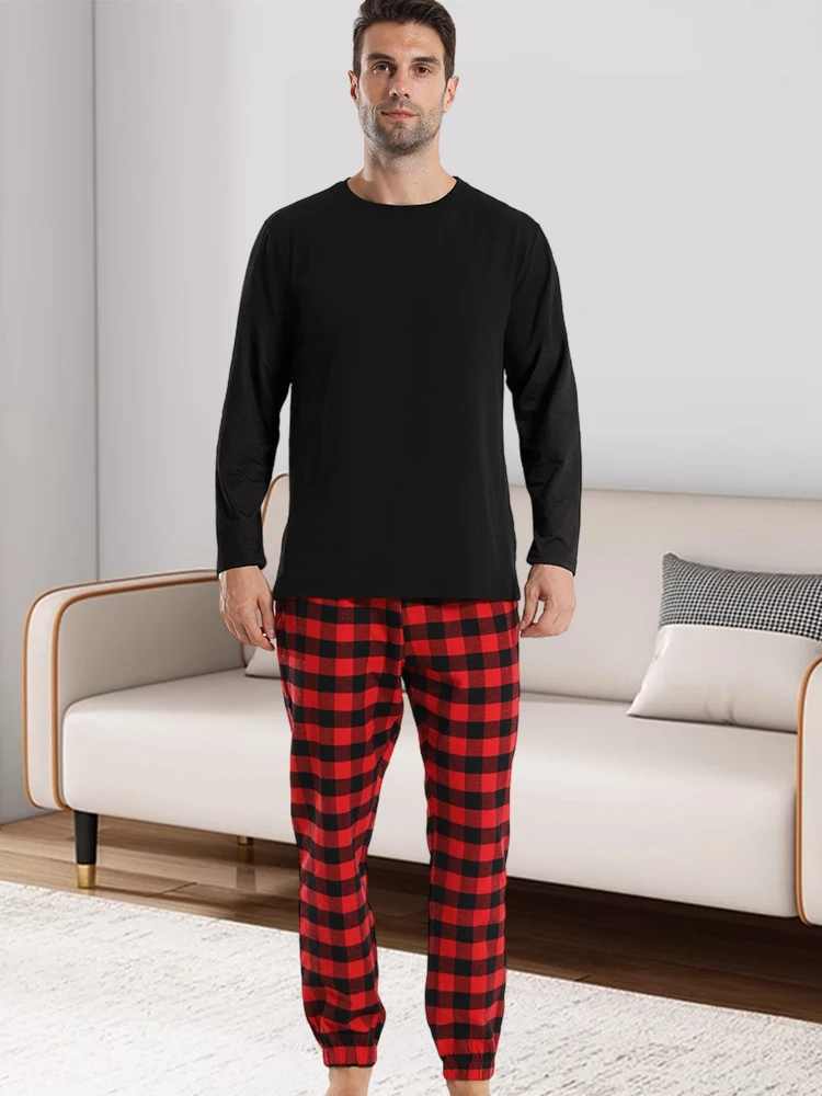 Men\'s homewear suit fashion leisure solid colour pyjamas plaid pyjama trousers shrinking feet home daily wear suit