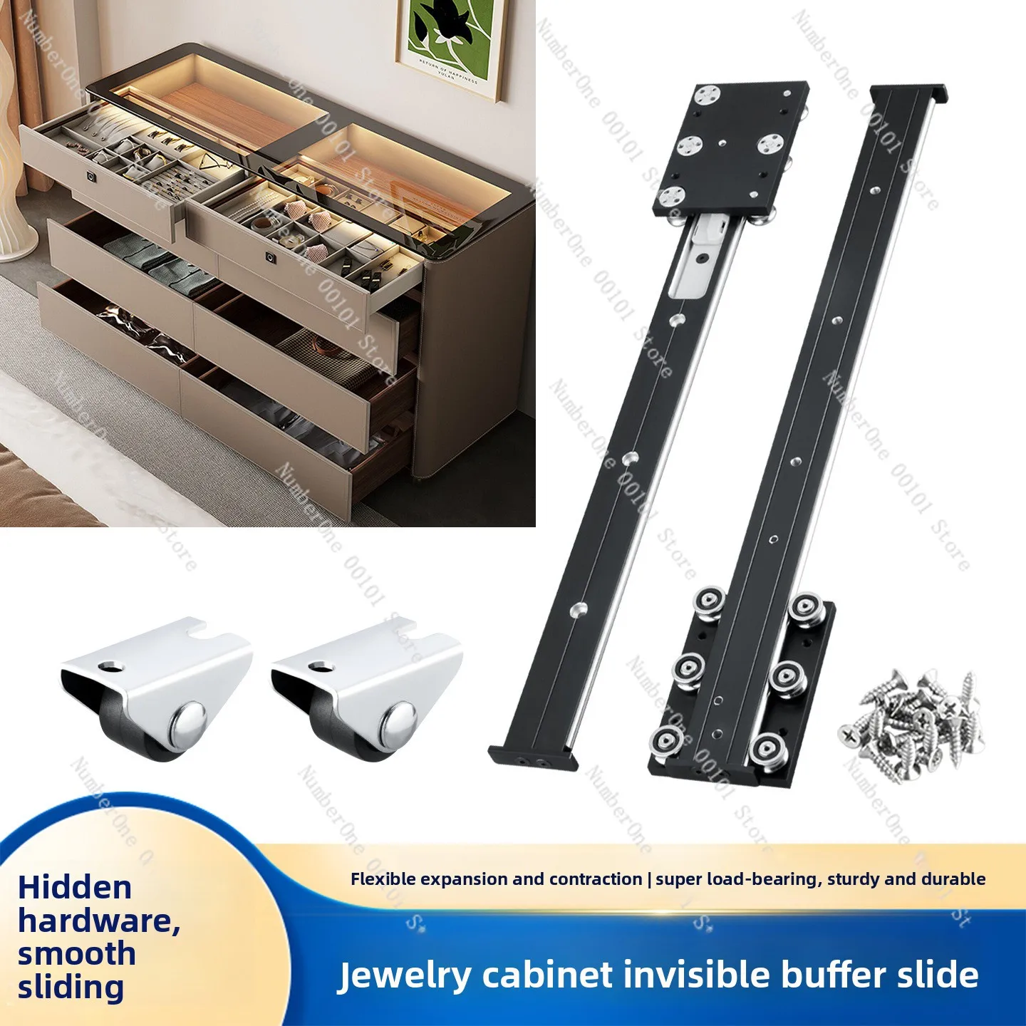 Jewelry cabinet bottom hidden slide rail island drawer invisible guide rail display cabinet damping track hardware accessories