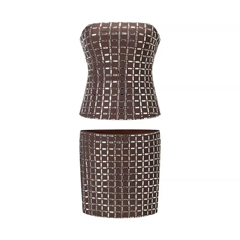 

Women’s Summer Rhinestone Party Set - Tube Top with Mini Skirt Outfit for Club Night Out Birthday Wedding Dance Performance