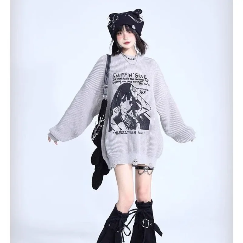 Yk2 Gothic Broken Hole Anime Print Sweater For Girls Winter Y2k Punk Harajuku Pullover Knitted Top 90s Vintage Knitwear Female