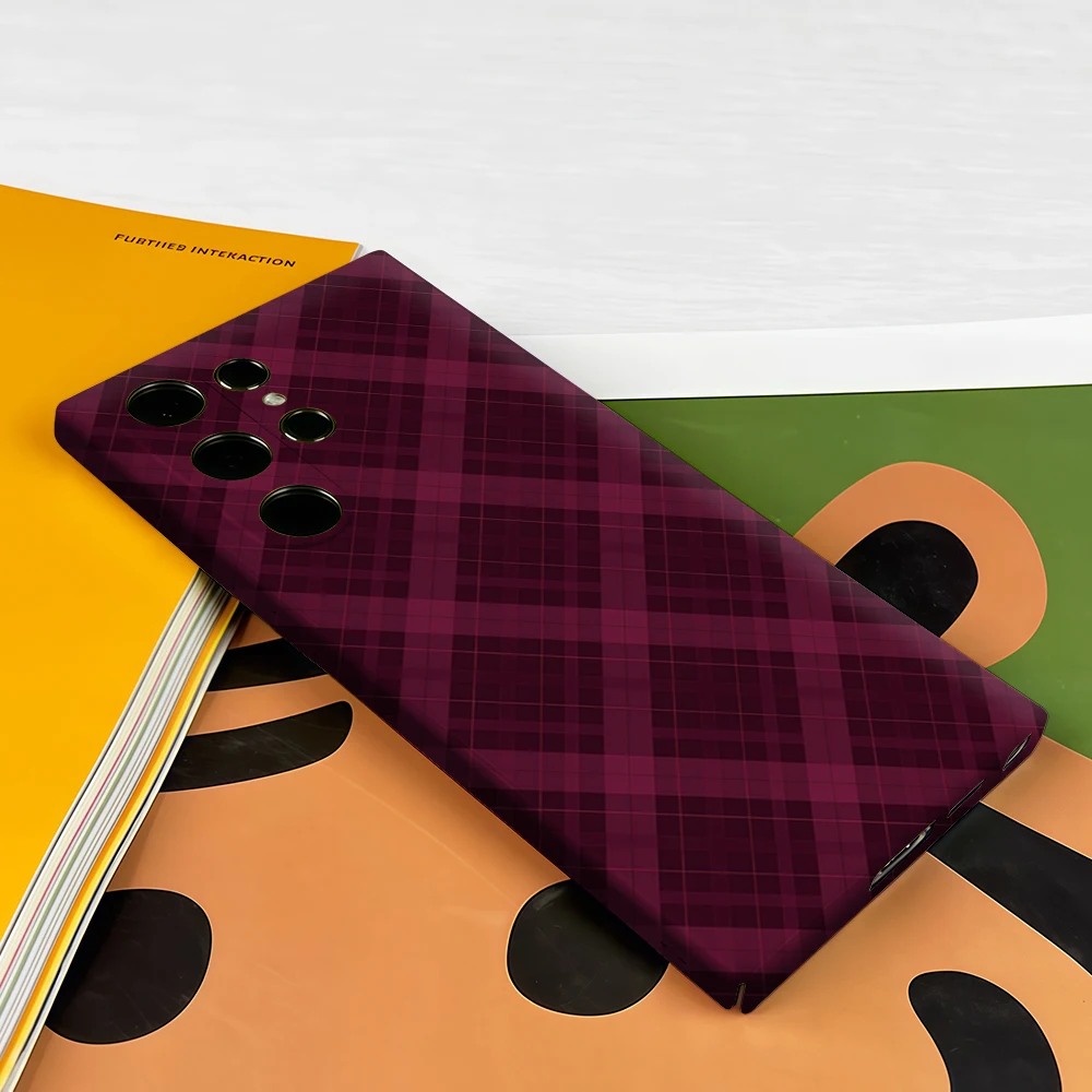 Burgundy Diagonal Plaid Phone Case for Samsung Galaxy S26 S25 Ultra S24 S23 Ultra Plus Shockproof Double Layer Tough Back Cover