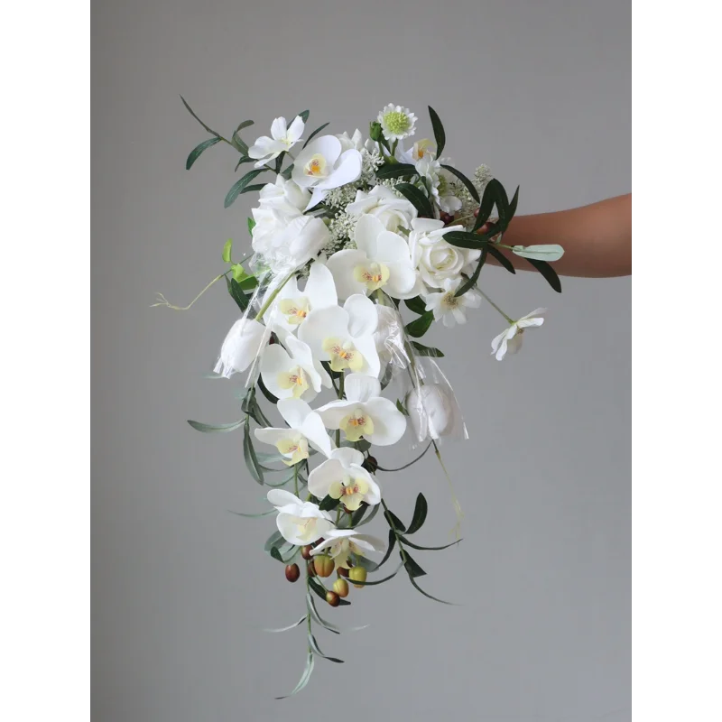 

Western Wedding Waterfall Bouquet Premium Phalaenopsis Tulip Customized Bridal Wedding Photo Fake Bouquet