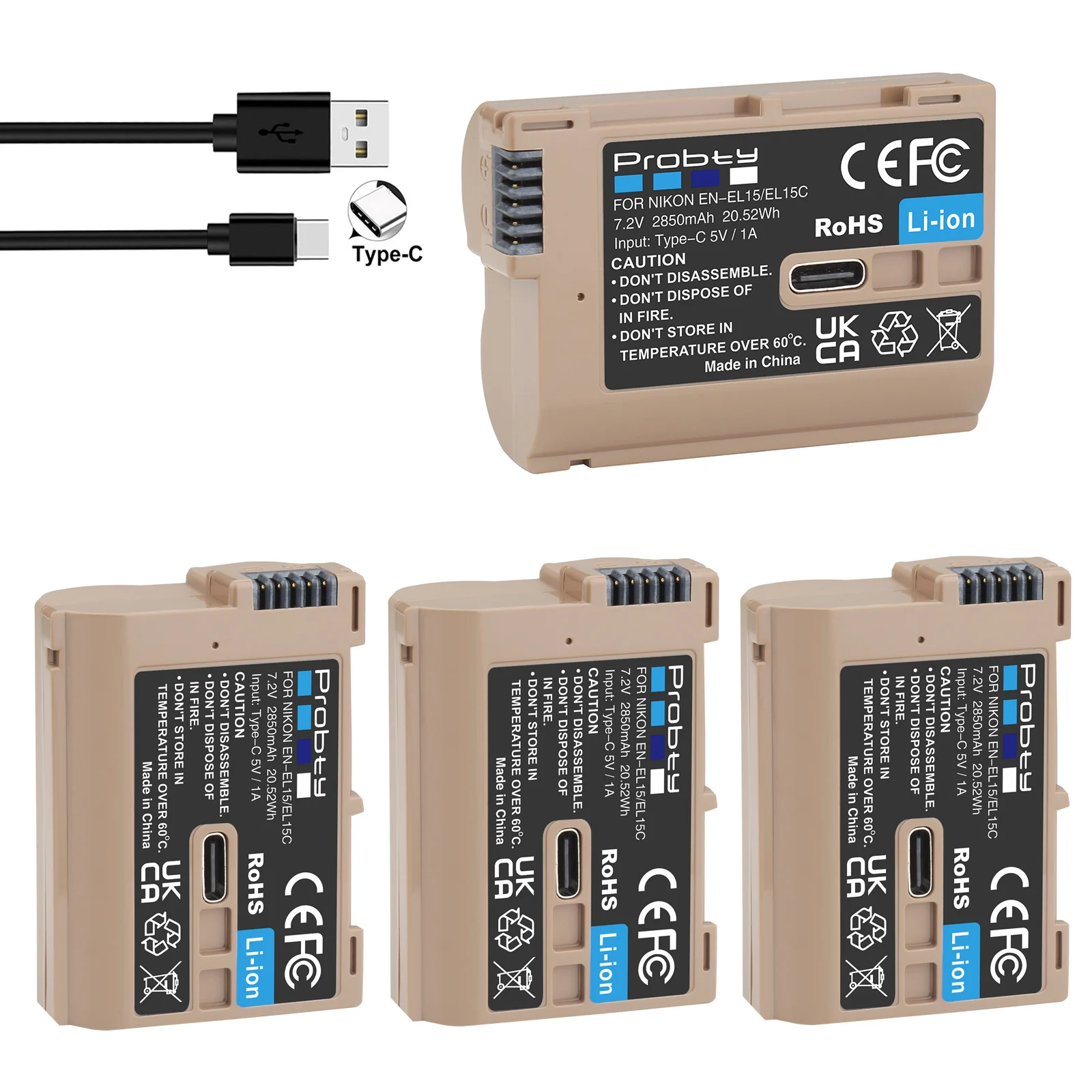 2850mAh EN-EL15C EN-EL15 batterij USB-C camerabatterij voor Nikon Zf, Z8 Z7, Z6, Z7 II, Z6 II, Z5, D850, D810, D810A