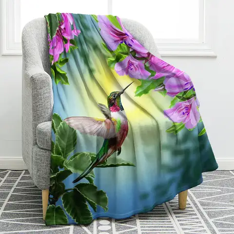 Hummingbird Floral Throw Blanket Pink Flowers Artistic Bird Nature Theme Unique Home Bedroom Decor Accessory