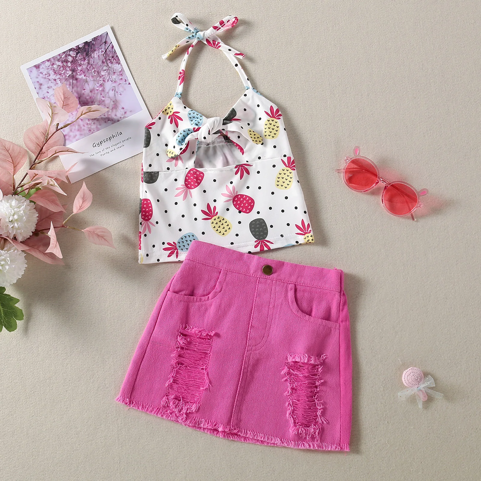 Summer girls' sleeveless suspender fruit print top and rose red denim skirt two-piece set