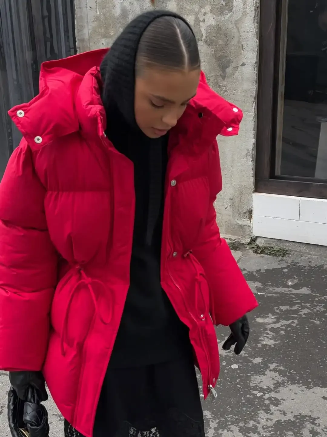 Chic Red Drawstring Hooded Cotton Coat Women Chic Stand Collar Single Breasted Waist Cinching Loose Coats Lady Street Warm Wear