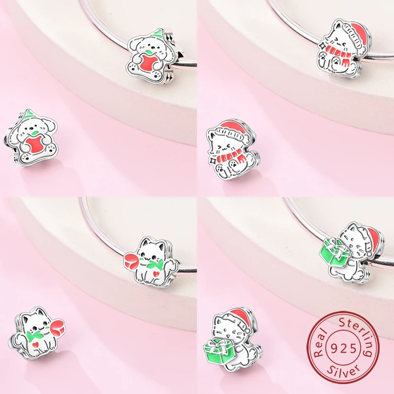 Original 925 Sterling Silver Cute Apple Puppy Happy Little Cat Charms Beads Fit DIY S925 Bracelet Women Birthday Jewelry Gift