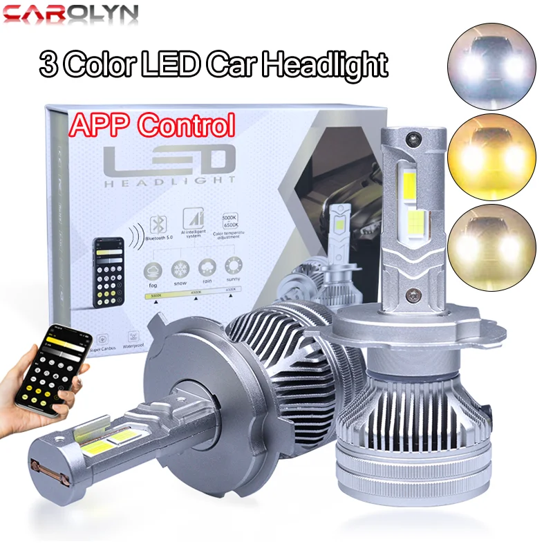 

2 шт., управление через мобильное приложение, 3 цвета, H4, автомобильная фара, светодиодная лампа H7, мини-турбо-фары, беспроводные H1 H11 9005 HB3 9006 HB4 D2S