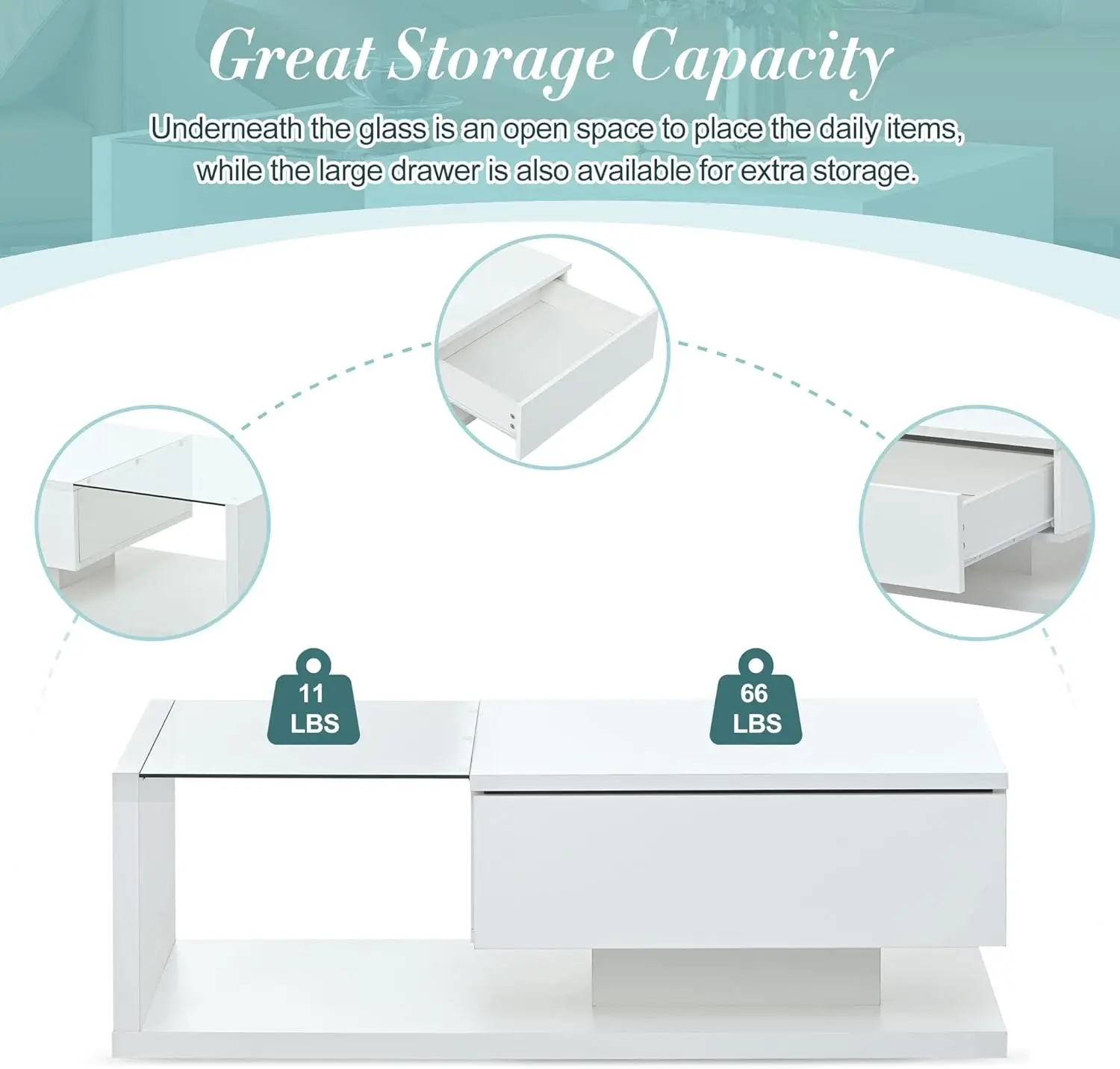 LUMISOL 2-Tier Rectangle Center Table withTempered Glass,High-Gloss UV Coffee Table,Wooden Cocktail Table for Living Room, White