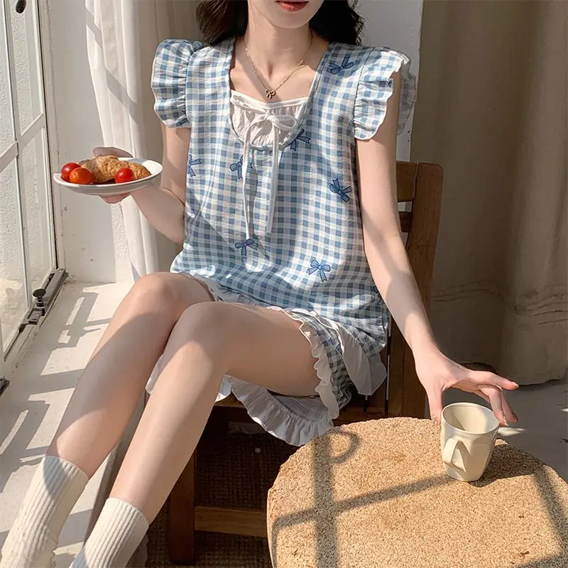 

Осенне-зимние женские пижамы больших размеров, синяя клетчатая одежда для сна с бантом и короткими рукавами, пуловер с круглым вырезом, футболка, шорты, комплект из двух предметов