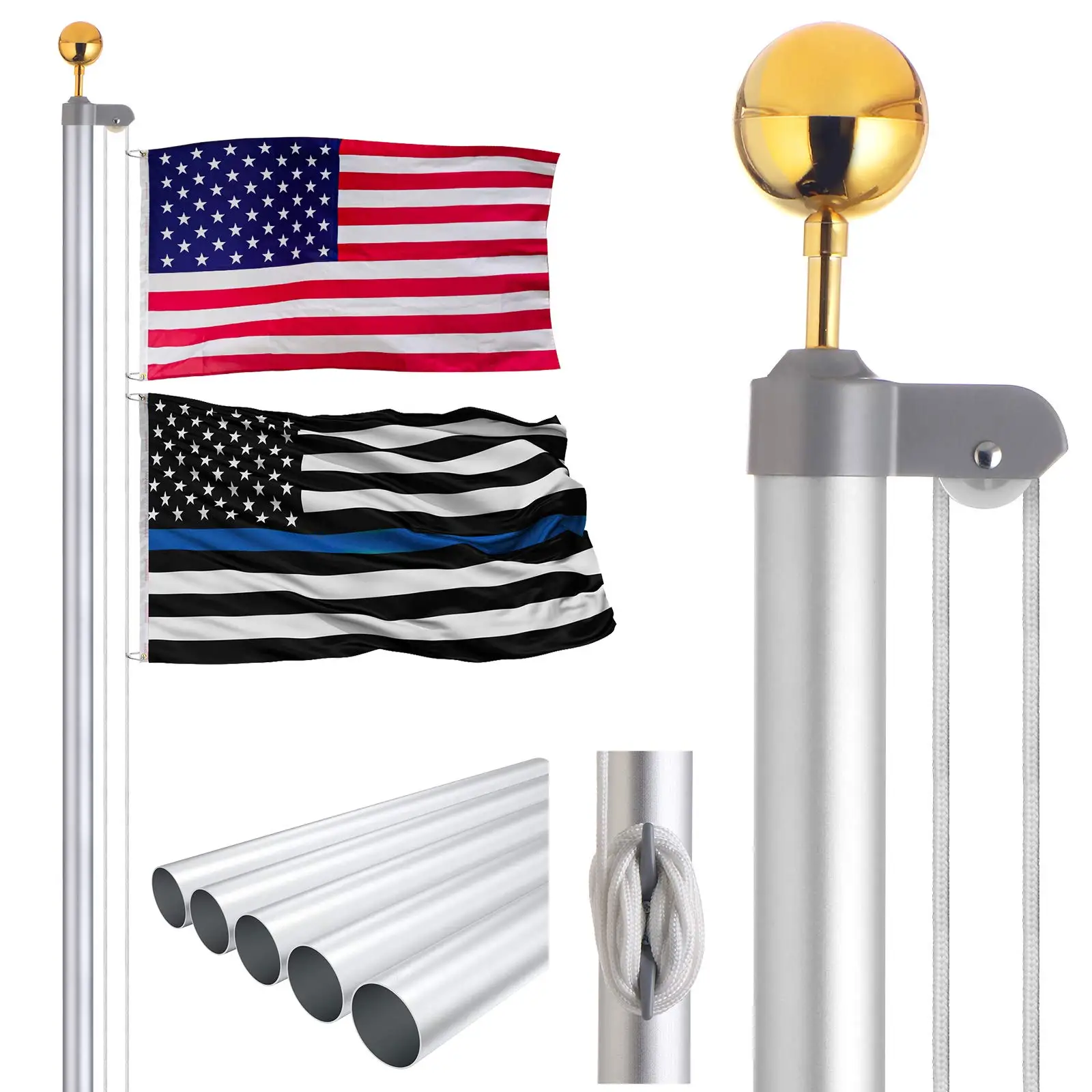 

【Hot】CYDISPLAY 18GA 6m 20FT Silver Flagpole Aluminum 1.0mm Heavy- Ceremonial Adjustable Collapsible Sectional Display Access