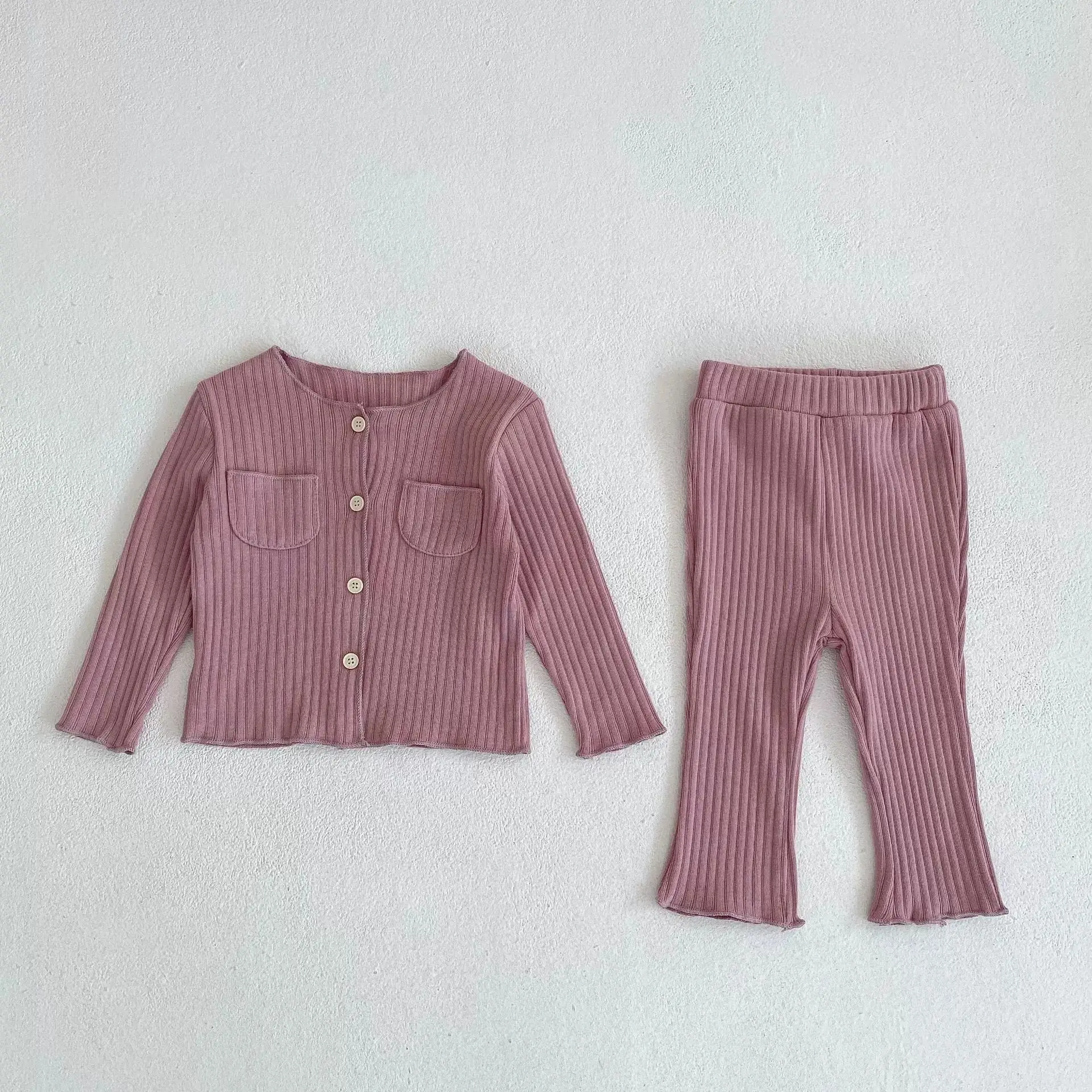 2024 Autumn New Baby Girl Long Sleeve Clothes Set Solid Ribbed Cardigan + Leggings 2pcs Suit Cotton Infant Home Wear Outfits