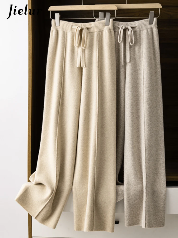 Jielur Women's Cashmere Wide Leg Pants Spring Autumn Korean Fashion High Waist Loose Women Casual Solid Color Straight Leg Pants