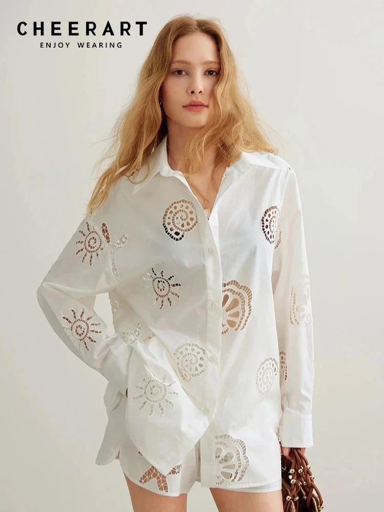 

CHEERART New Embroidered Hollow Out Long Sleeve Shirt For Woman Cotton Button Up Oversized Collared Shirt Designer Fashion Top