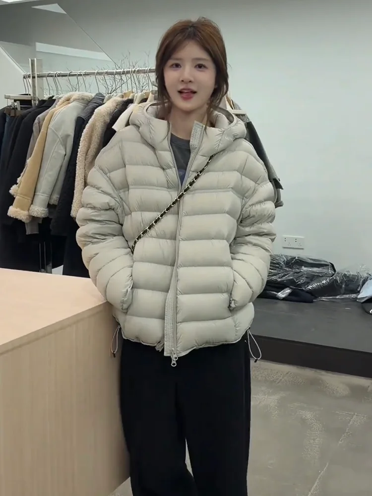 

Fall Winter New Korean Style Hooded Ribbed White Duck down Jacket Women Commute Versatile Slimming Anti-Aging down Coat