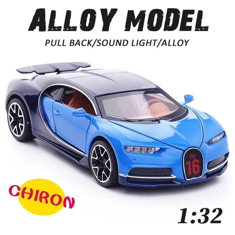 Chiron 1/32 sports car Metal Toys Simulation Diecast Alloy Miniature Sound Light Pull Back collection display fast furious gift