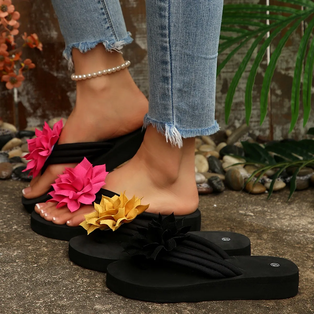 

Plus Size Women 3D Flower Platform Wedge Slippers, Open Toe Thong Sandals, Summer Vacation Beach Shoes for Women