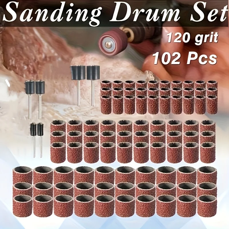 

A set of 102-piece drum sanding belt kit, electric sander accessories, and cylindrical spindle, suitable for rotary tools