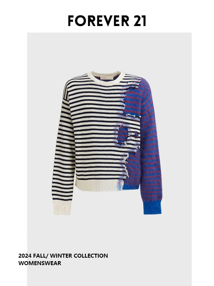

Женский вязаный свитер Forever 2 с круглым вырезом, длинными рукавами, полосатыми вставками и перфорацией, осенний, для повседневной носки, в стиле Pear.