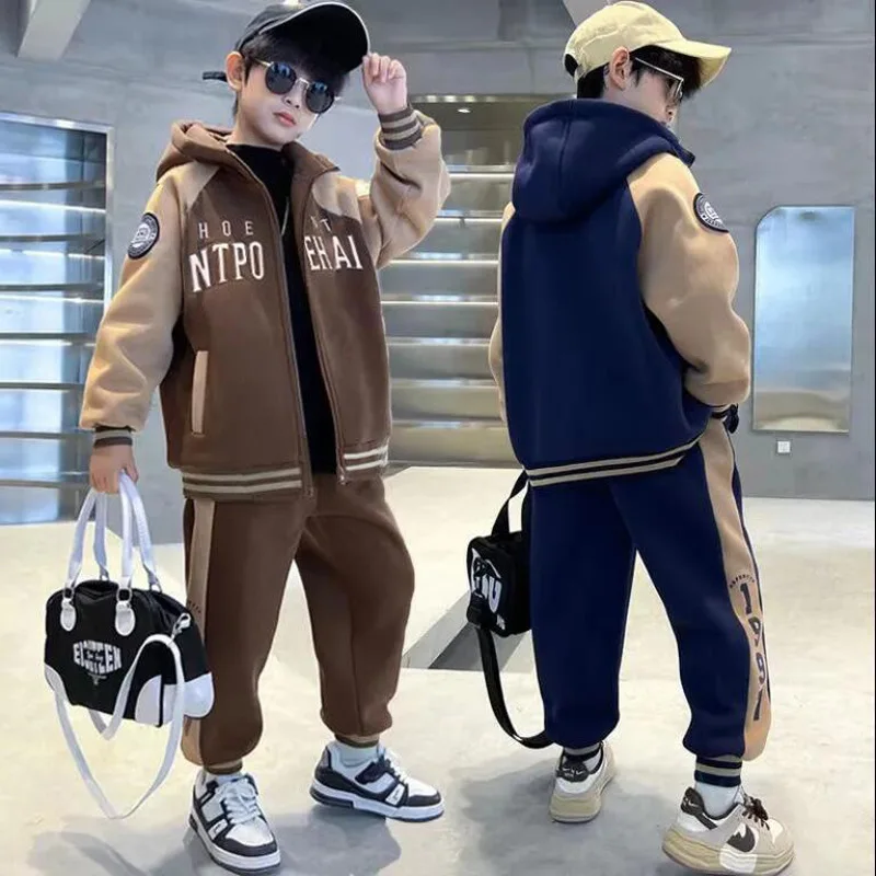 Frühling/Herbst Teenager-Jungen Kleidungsset Kinderjacke mit Schriftzug Kapuzenpullover + Gestreifte Hose Set Kinder-Outfit Trainingsanzug 4 8 12 14 Jahre