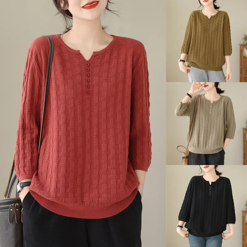 

plus Size Knitted Top Women's Spring Autumn Design Sensation Small ence Inner Match Seven Sve Upper Body Base Sweater