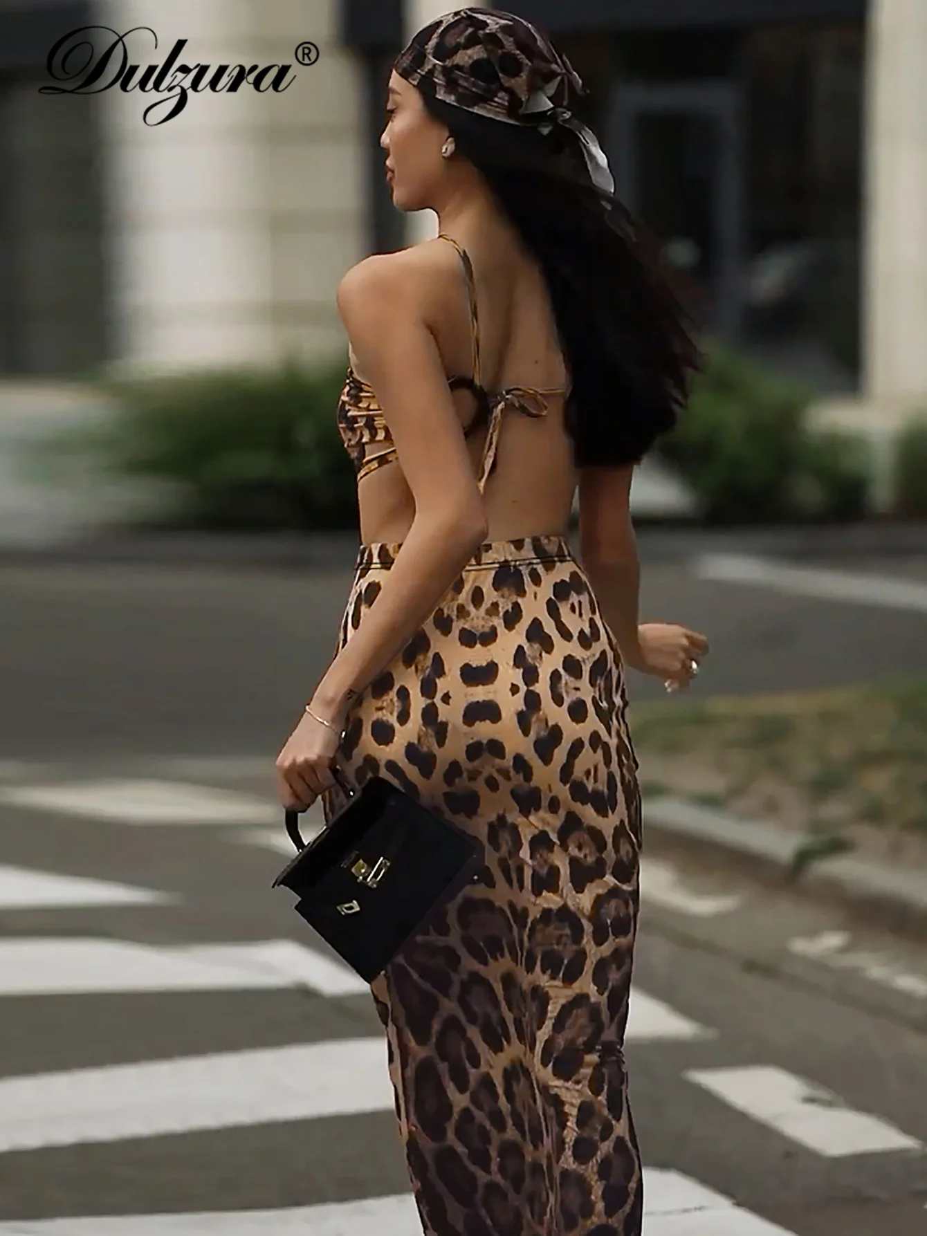 Dulzura Halter Leopard Printed Midi Dress Cut Out Backless Sleeveless Women Sexy Dresses Lady Party Club Beach Nightout Date Y2K