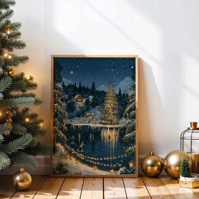 Winter Night Christmas Village Canvas Wall Art Snowy Lake Ice Skating Scene Pine Tree Unframed Canvas Print Vintage Home Decor