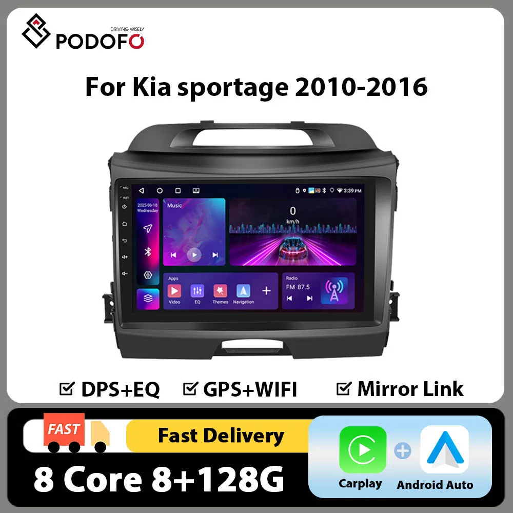 Radio para coche Podofo de 9'' con Carplay y Android Auto para Kia Sportage 2010-2016, reproductor multimedia para coche, 8+128G, 8 núcleos, GPS, 4G, WIFI, BT, RDS, DSP