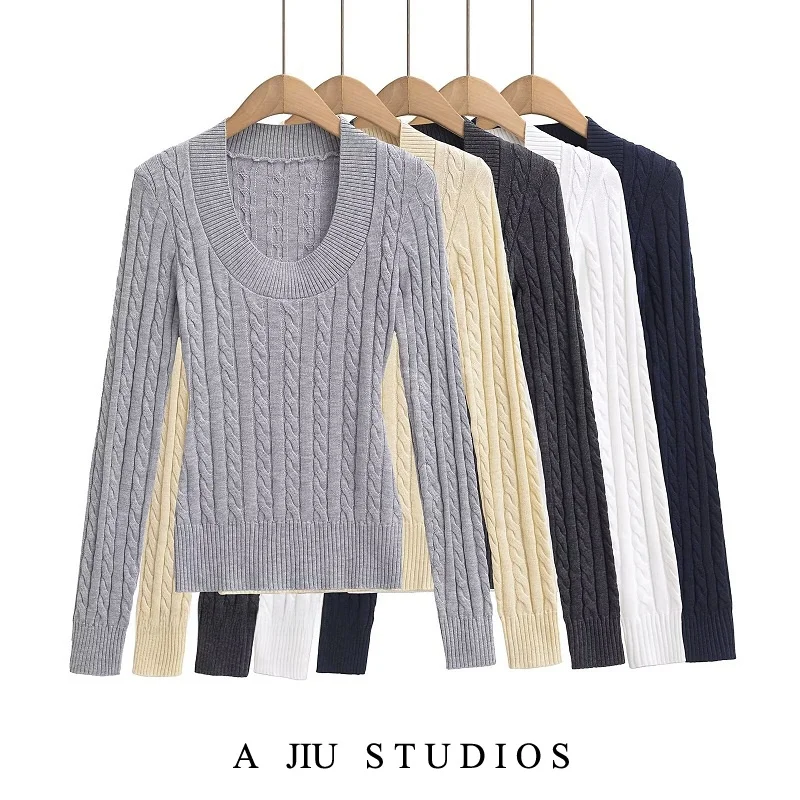 

Slim Fit ort Knitted Sweater Women's Sle U-Ne Tassel Base Layer Top Street Faion Retro Versatile Body a irt