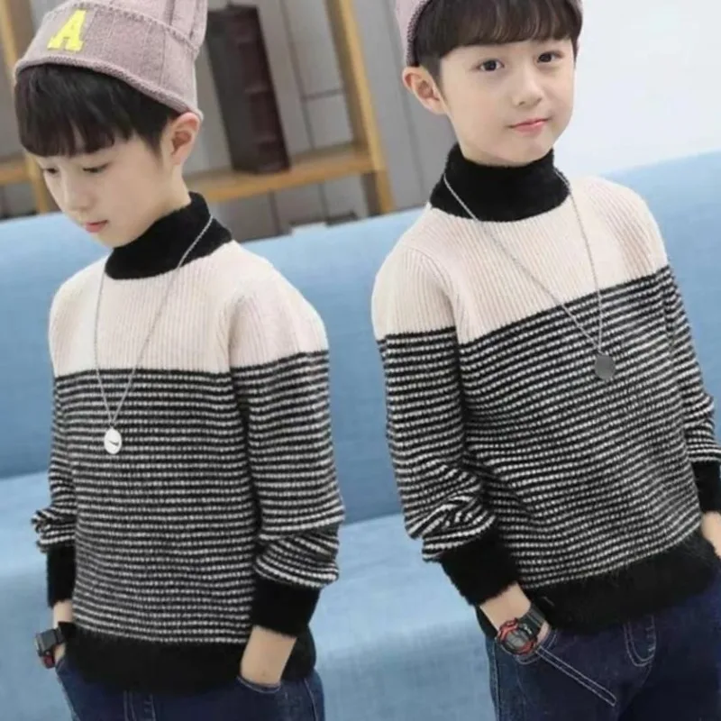Mink Cashmere Boy's Thickened Autumn Winter Turtleneck Layer Sweater with Striped Design, New Boys' Thermal Underlayer for Kids