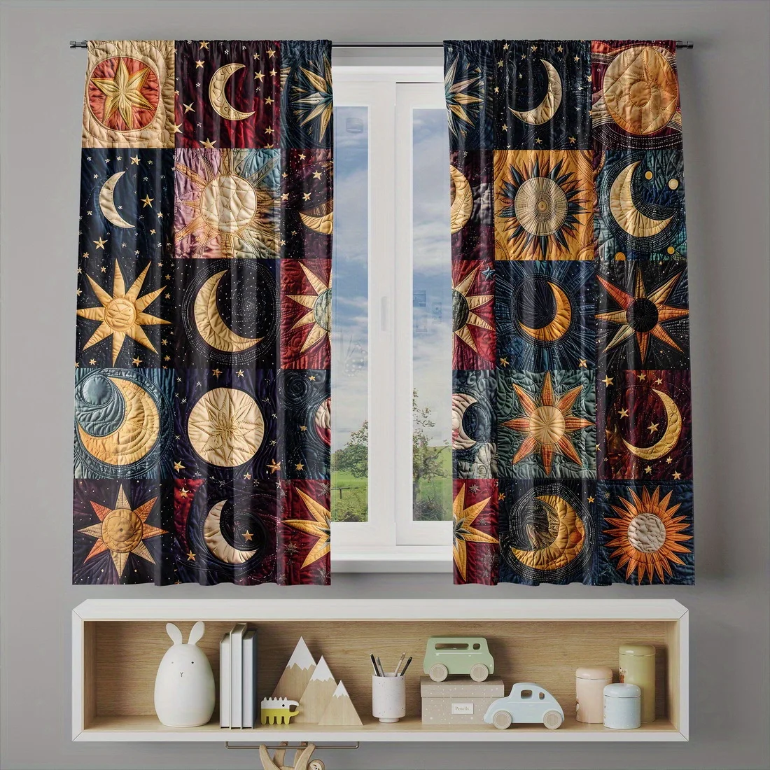 Cosmic Astrology Galaxy Curtains Boho Bohemian Star Moon Zodiac Celestial Polyester Drapes Window Curtains Window Dressing Room