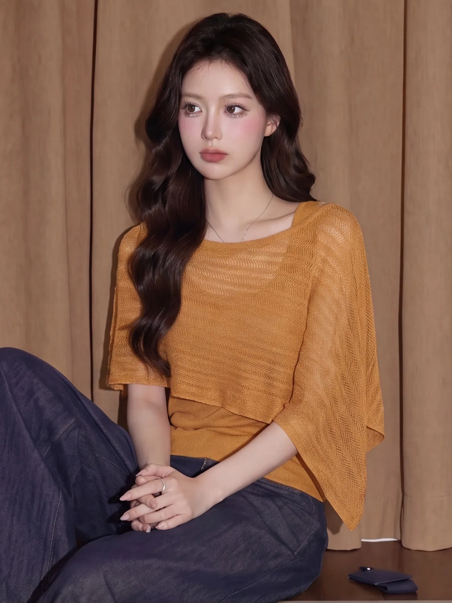 Orange Knitted Shawl Dopaamine Mesh Hollow out Thin Film Top Women's Autumn Outerwear Two-Piece Set Commute Style Regular Fit