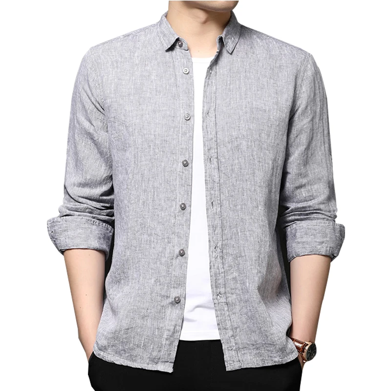 100% Cotton Line Hot Sale Men's Long-Sleeved Shirts Summer Solid Color Stand-Up Collar Casual Beach Style