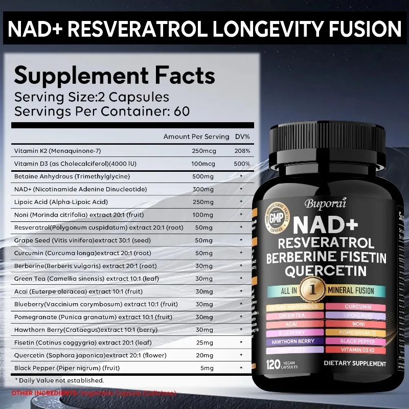 Longevity Formula with Liposomal NAD+ Trans Resveratrol Quercetin,Berberine Betaine Anhydrous Grape Seed NAD Resveratrol