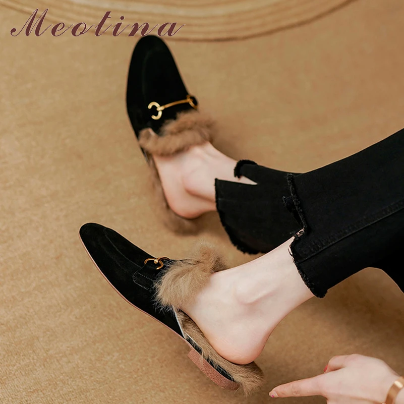 

Meotina Women Genuine Leather Round Toe Fur Wool Flat Metal Decoration Design Ladies Kid Suede Autumn Winter Shoes Green Orange