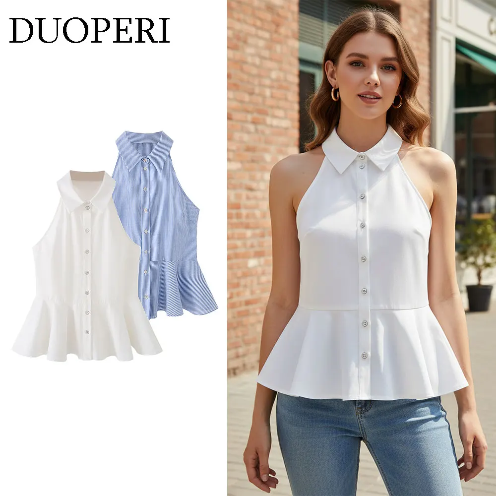 DUOPERI Women‘s Cotton Blue striped Sleeveless Shirt Female Chic Lady Casual Tops Tank Vest