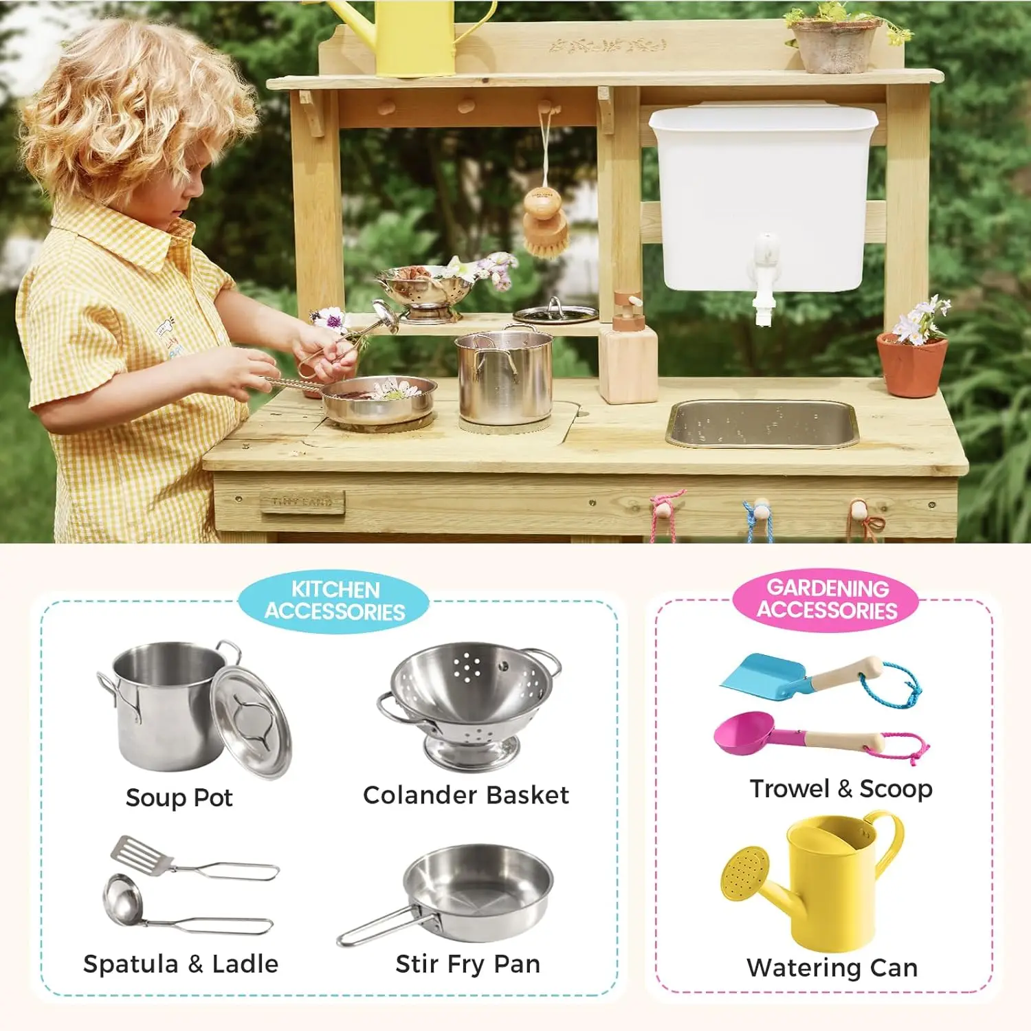 Cozinha de lama ao ar livre para crianças, cozinha de madeira com tanque de água, jogo de água, cozinhar e diversão sensorial, durável e resistente às intempéries
