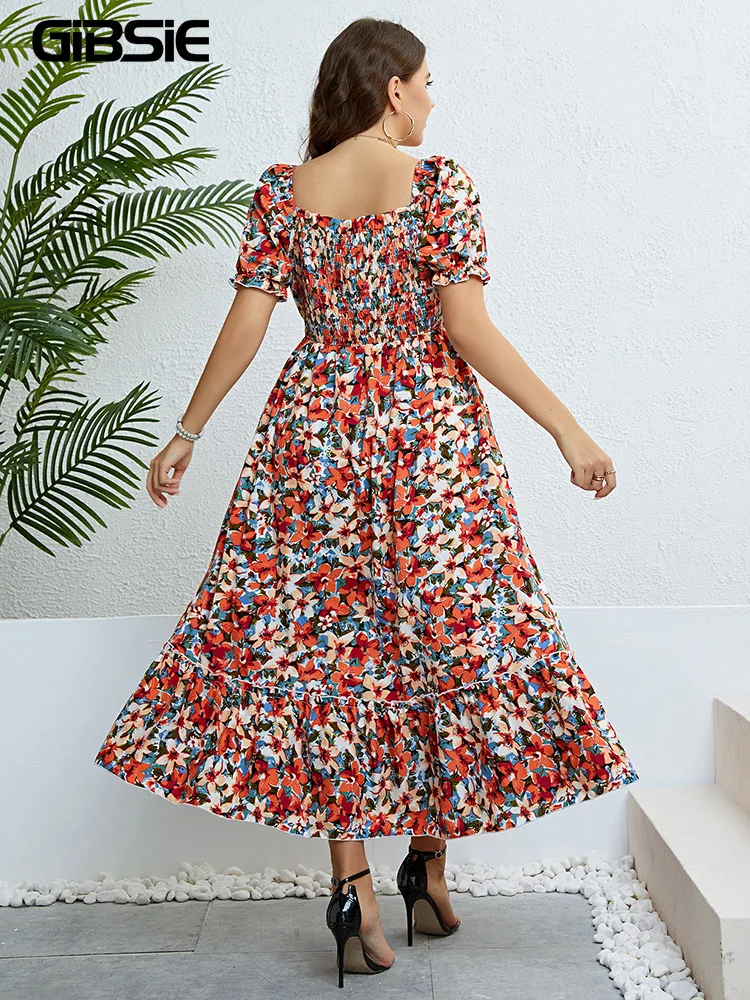 Gibsie Blumen druck Vierkant ausschnitt Puff ärmel Kleid Frauen plus Größe Urlaub Boho Strand Rüschen Saum A-Linie Sommer lange Kleider 2024