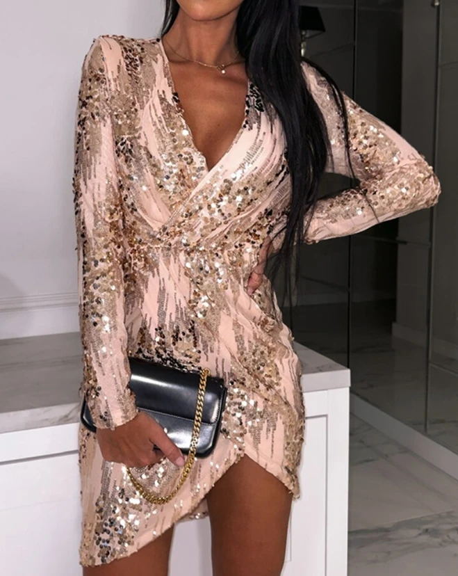 Women's Sexy Ruched Plunge Long Sleeve Sequin Dress Temperament Female Fashion Asymmetrical Long Sleeve Elegant Party Dresses