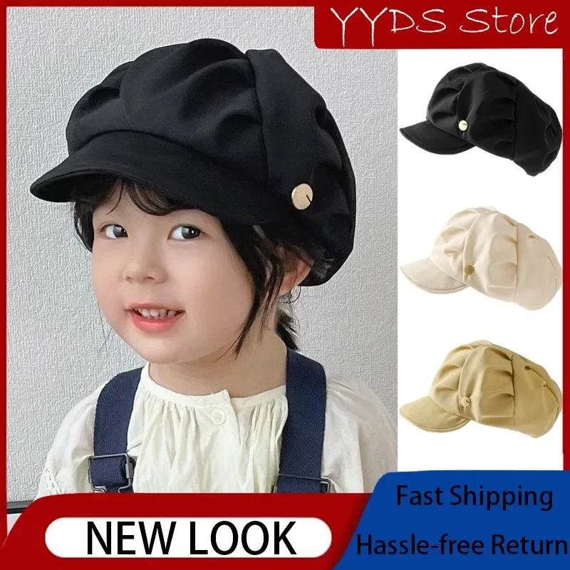 

Cute Girls Winter Beret Hat with Button for Kids, Stylish Duckbill Cap for Baby Parent-child Winter Eight-Panel Cap with Earflap