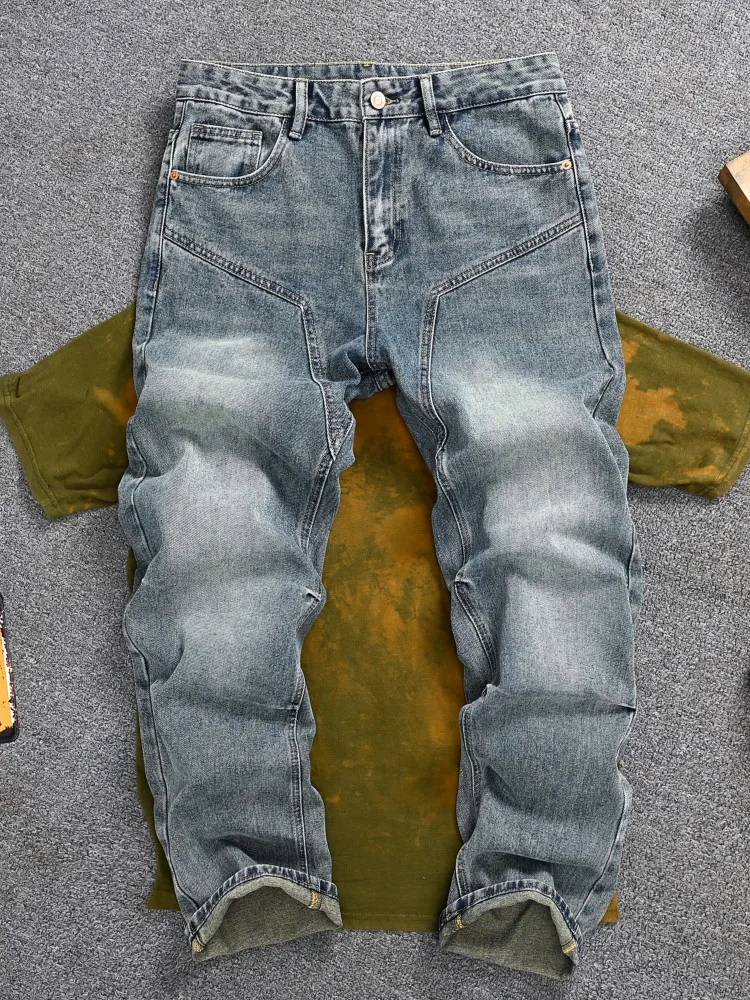 

American Style Vintage Loose Straight Jeans Men Heavyweight Washed Fashion Casual Plus Size Denim Trousers