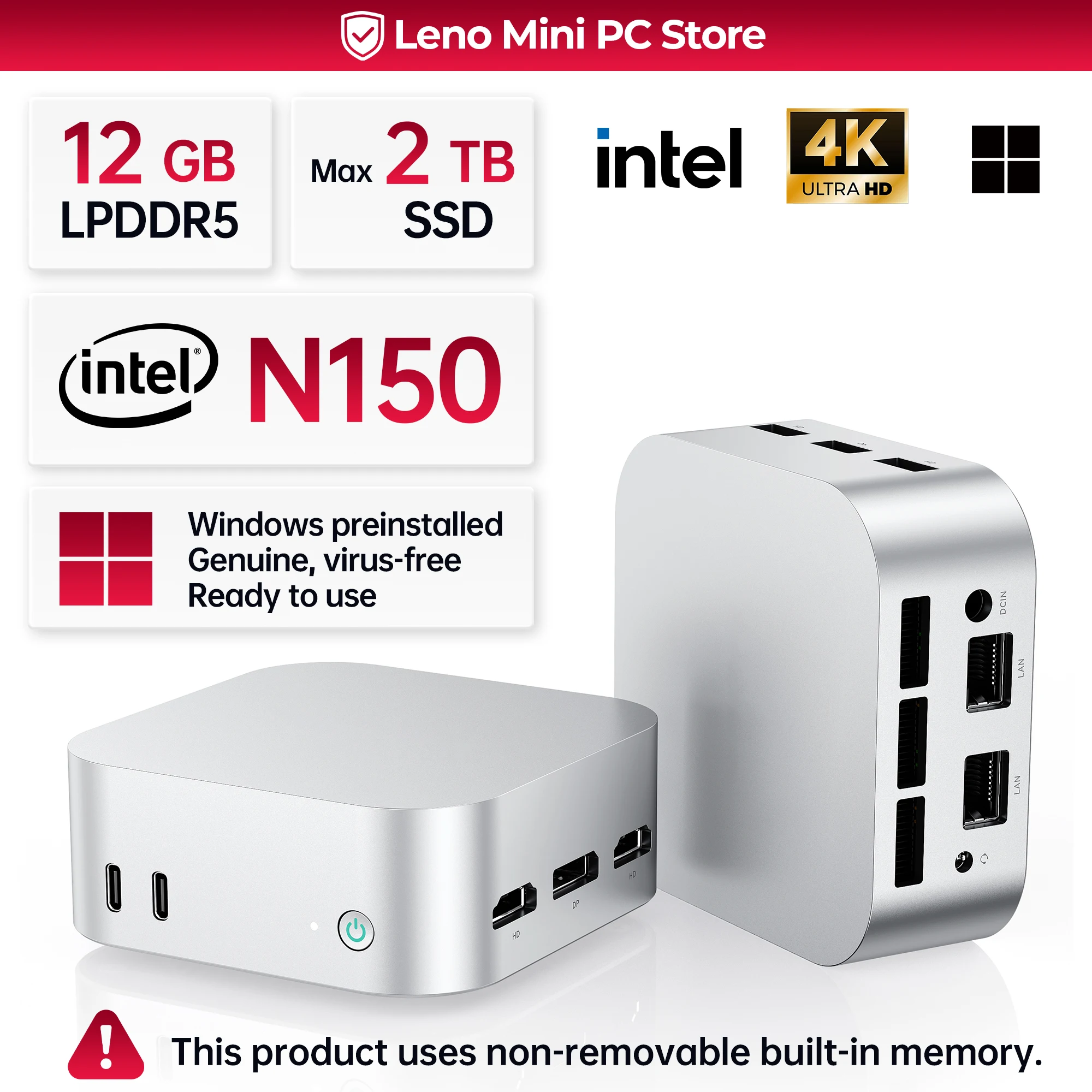 LenO 인텔 N150 LPDDR5 12GB RAM 1TB 2TB 512G 256G SSD WIFI5 BT5.2 휴대용 미니 PC Windows 11 데스크톱 사무용 컴퓨터