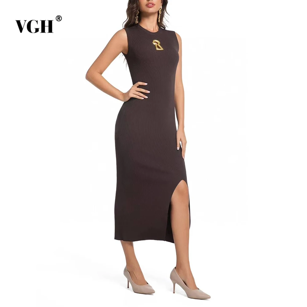 

VGH Sexy Solid Hollow Out Slim Fit Dresses For Women Round Neck Sleeveless High Waist Summer Party Dress Female Fashion Style