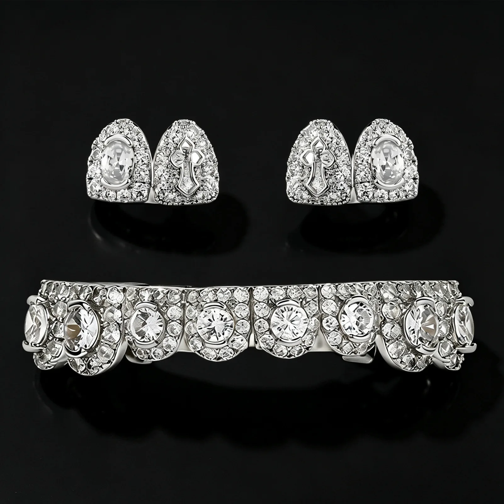 Unisex Silver Plated Cross Pattern Full CZ Inlaid Teeth Grillz Set Upper Lower Teeth Cap Hip Hop Rapper Jewelry Wholesale Supply