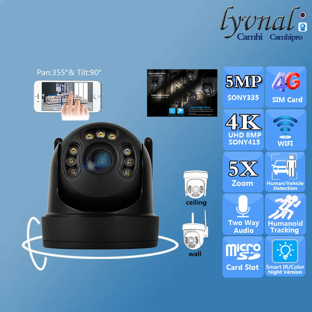 

UHD 4K 8MP 3G 4G SIM Беспроводная IP-камера безопасности WiFi PTZ Купольная 5-кратная зум Двустороннее аудио Отслеживание человека ИК-цветная ночная версия