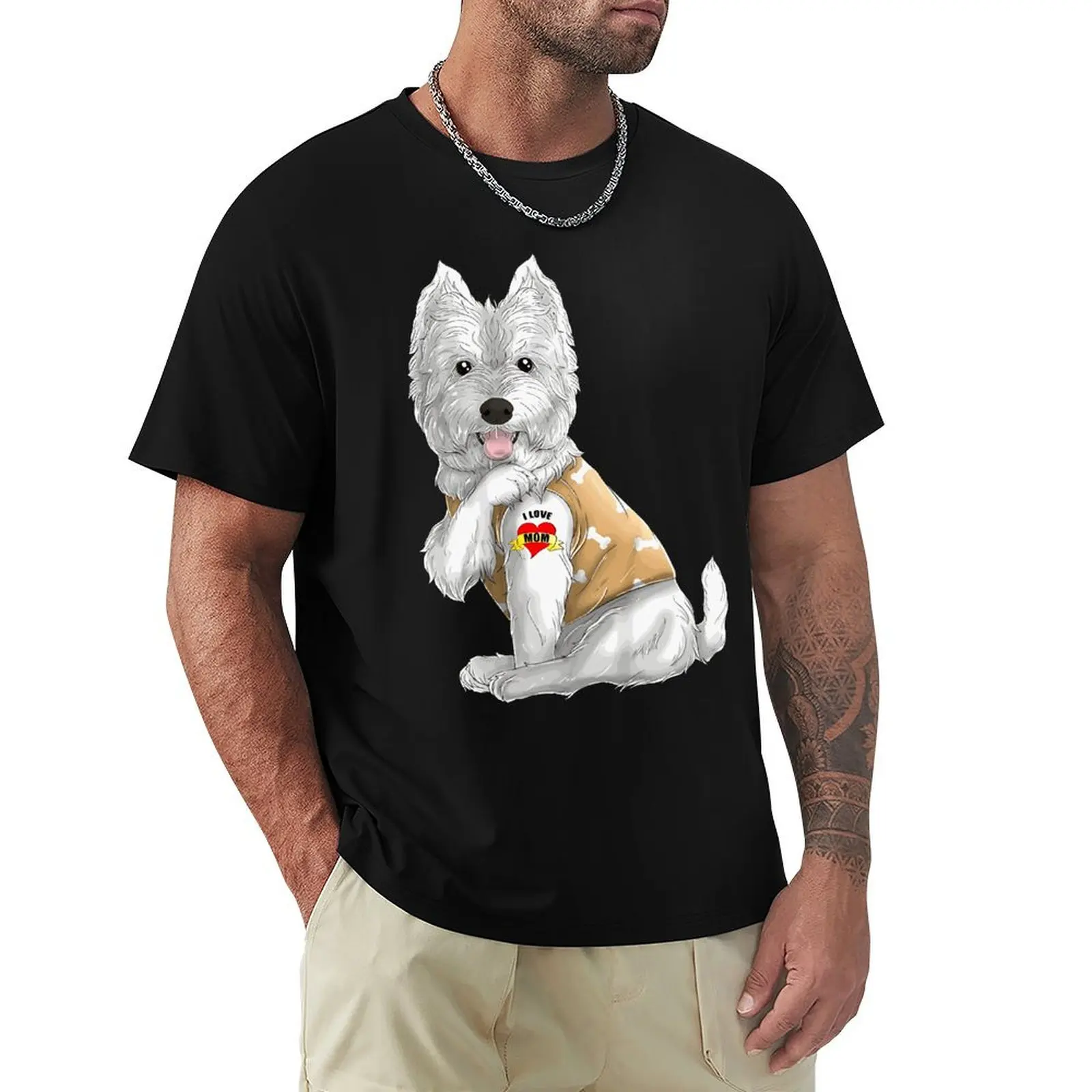 Westie I Love Mom Tattoo Dog T Shirts Graphic Cotton Streetwear Short Sleeve Birthday Gifts Summer Style T-shirt Mens Clothing